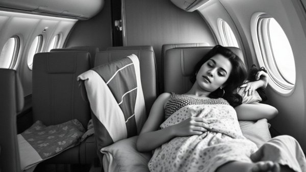 Vintage air travel with relaxed woman in airplane bed.