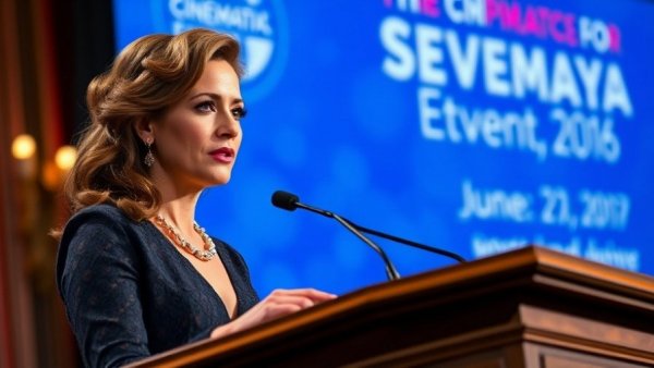 Woman speaks at formal event podium, vibrant blue background.