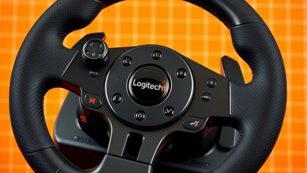 Modern Logitech racing wheel set with vibrant orange grid background.