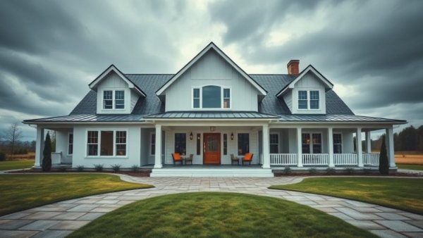 Modern farmhouse with garden pathway under moody skies.