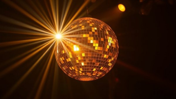 Vibrant golden disco ball lighting up room, Dancing With the Stars ambiance.
