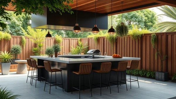 Modern covered outdoor kitchen bar with sleek countertop and stools.