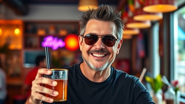 Middle-aged man with spiked hair smiling, holding drink, indoor vibrant setting
