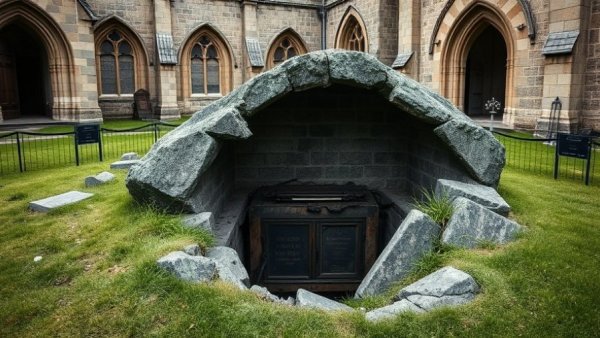Grave collapse revealing family vault in historic churchyard.