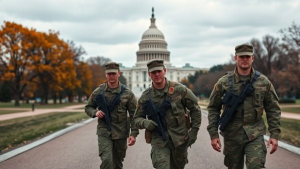 National Guardsmen walking near White House against Capitol backdrop.
