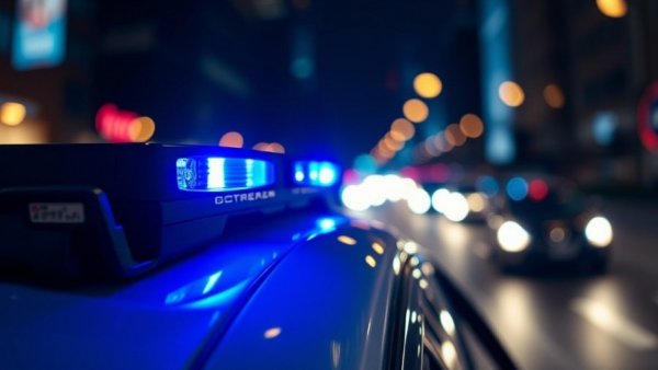 Police car lights in urban night scene related to ICE detentions in Gretna.