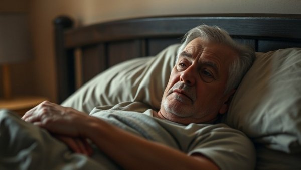 Older man with sleep apnea linked to Parkinson's disease lying awake in bed.