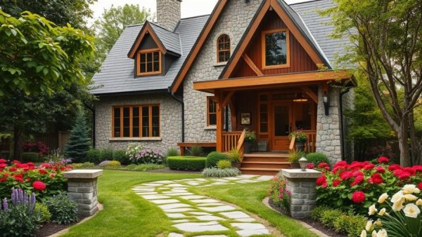 Modern fairytale home design with stone elements and vibrant garden.