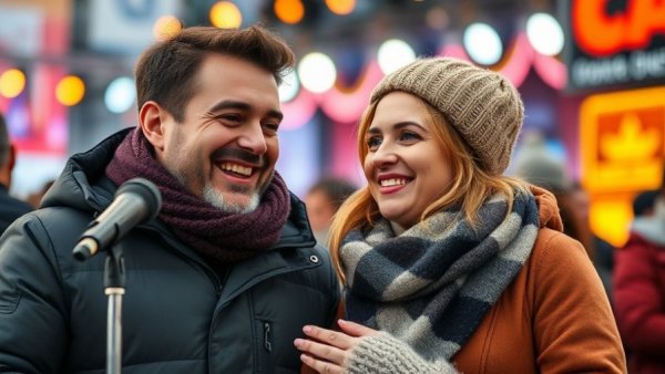 Couple engaging at outdoor event, vibrant setup