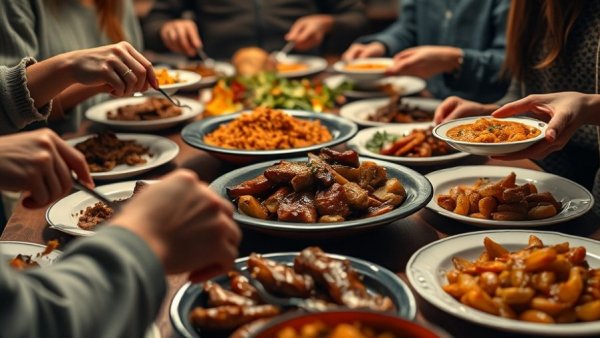 Thanksgiving leftover serving in low-light setting.