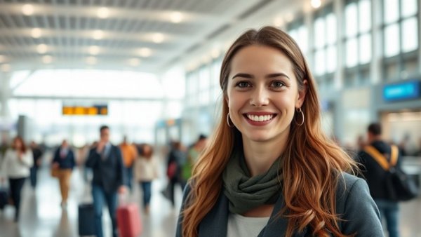 Friendly woman in bright airport terminal, smiling calmly.