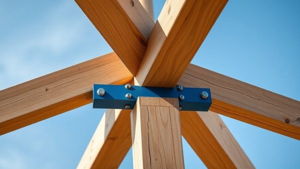 Sustainable construction technologies: wooden beam joint with blue connectors.