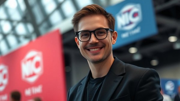 Man with glasses at an event, smiling confidently.