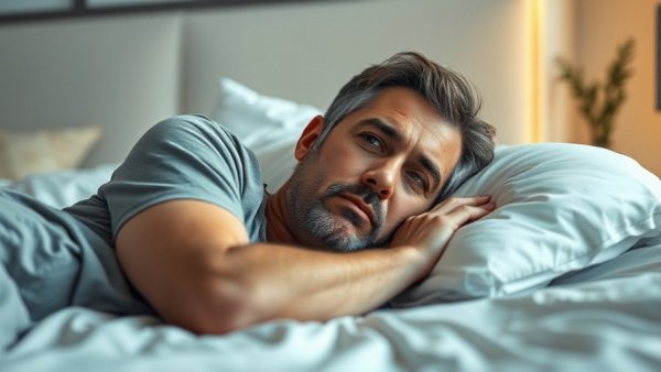 Middle-aged man lying awake, pondering sleep apnea and Parkinson’s disease risk.