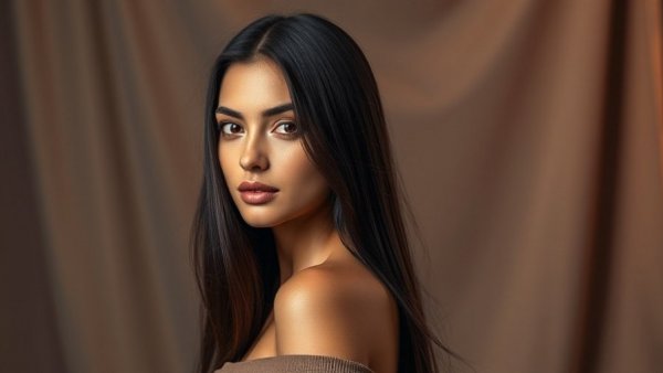 Elegant woman posing in studio with warm lighting.