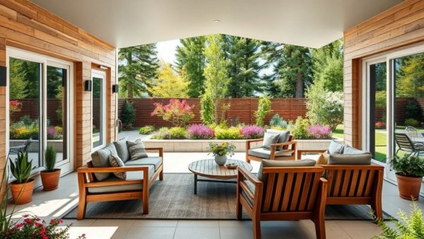 Spacious patio with garden view, wooden furniture, outdoor living ideas.