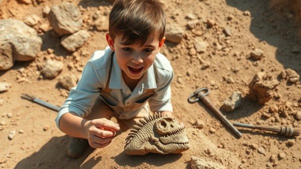 Enthusiastic paleontologist examines 150 million-year-old dinosaur fossil.