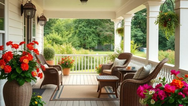 Charming farmhouse porch with vintage aesthetics and vibrant flowers.