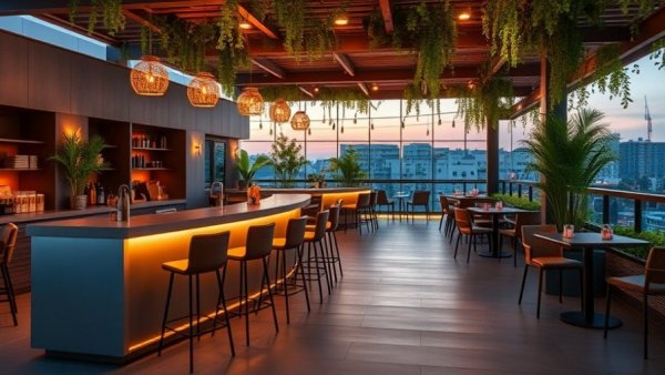 Modern outdoor dining space with bar and warm lighting, rooftop setting.