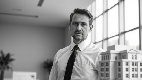 Architect with architectural model indoors, highlighting design influence.