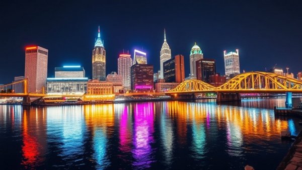 Stunning Pittsburgh skyline at night with vibrant reflections.