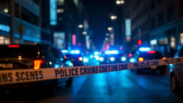 Central City shooting scene with police vehicles and blue lights.