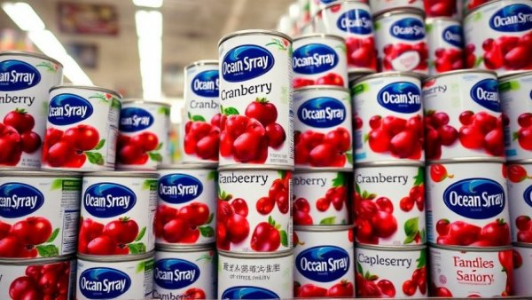 Ocean Spray cranberry sauce cans stacked with vibrant labels.