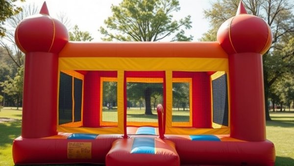 Brightly colored bouncy castle in park, sunny day scene.