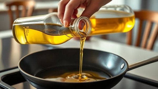 Pouring soybean oil into pan in kitchen, highlighting soybean oil obesity connection.