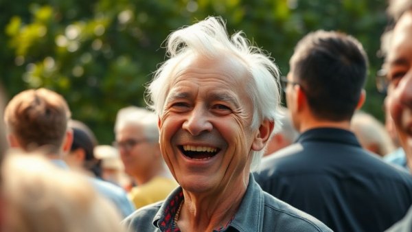 Elderly man smiling outdoors surrounded by people, soft sunlight.
