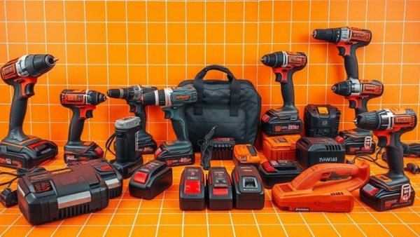 Assorted power tools and batteries on orange grid background showcasing free tool deals.
