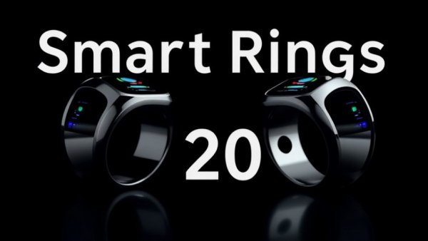Futuristic smart rings for health with LED sensors, featuring Smart Rings 2026 text.