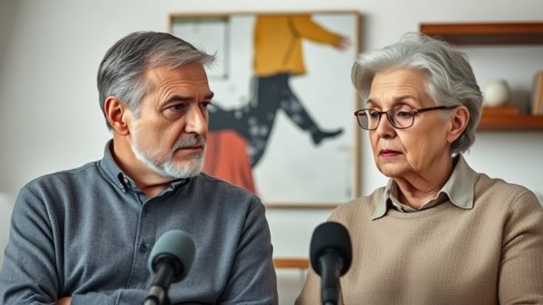 Middle-aged couple discussing feeling behind in retirement indoors.