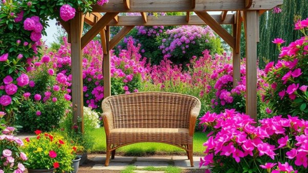 Rustic farmhouse garden with wicker bench and colorful flowers.