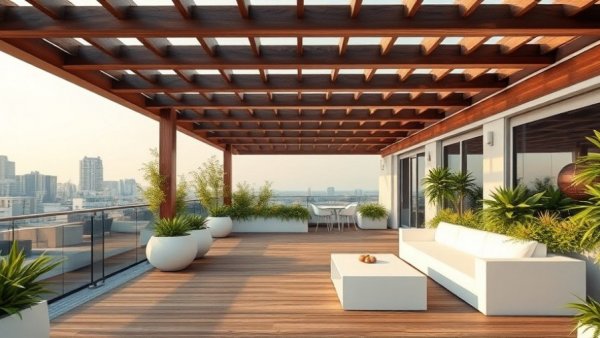 Modern covered roof terrace design with pergola and seating.