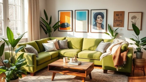 Modern living room sectional showcasing Cyber Monday sectional deals, featuring a green sofa, plants, and art.