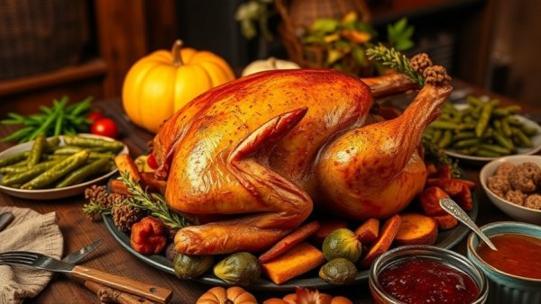 Thanksgiving meal with turkey and sides emphasizing leftovers safety.