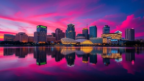Orlando cityscape at twilight, showcasing best things to do in Orlando.