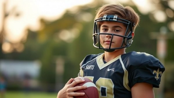 Teen in 'Saints' jersey holding football at California birthday event.