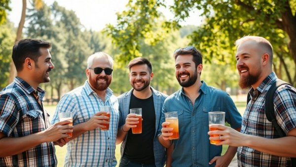 Men holding drinks in a sunny park setting, beer belly heart damage.