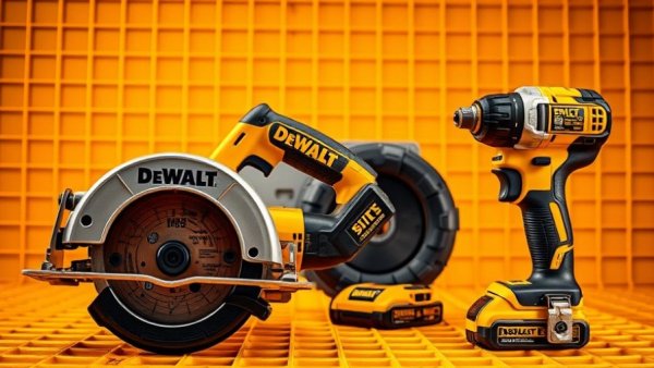 Dynamic DeWalt tools on orange grid background for Cyber Monday deals.