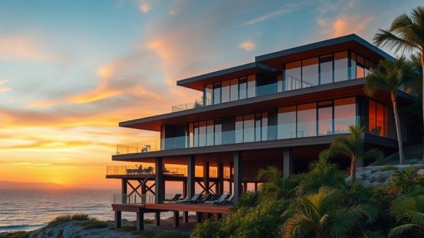 Modern coastal dream home at sunset with lush surroundings.