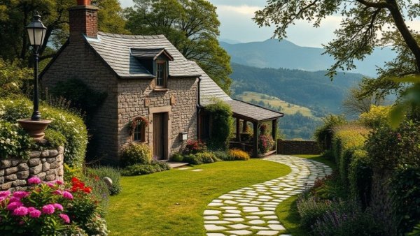 Cozy garden retreats: stone cottage in lush, misty garden setting.