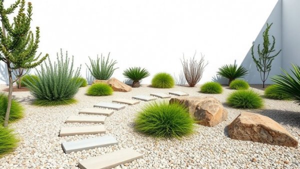 Gravel rock landscaping with neat paths and green shrubs.