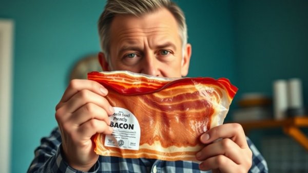 Man holding bacon, highlighting foods damaging heart health.
