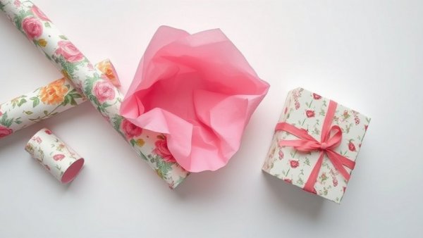 Gift wrapping essentials with floral paper and decorated box