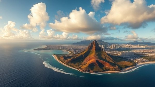 Aerial view of top attractions in Honolulu, featuring coastline and skyline.