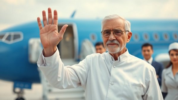 Respectful air travel attire, dignified figure waving at airplane entrance