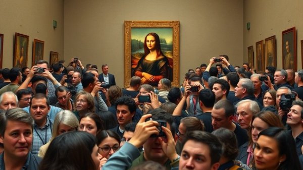 Crowd photographing Mona Lisa at Louvre, reflecting on ticket price changes.