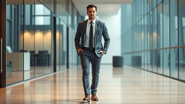 Businessman walking in modern office, glass walls and bright interior.